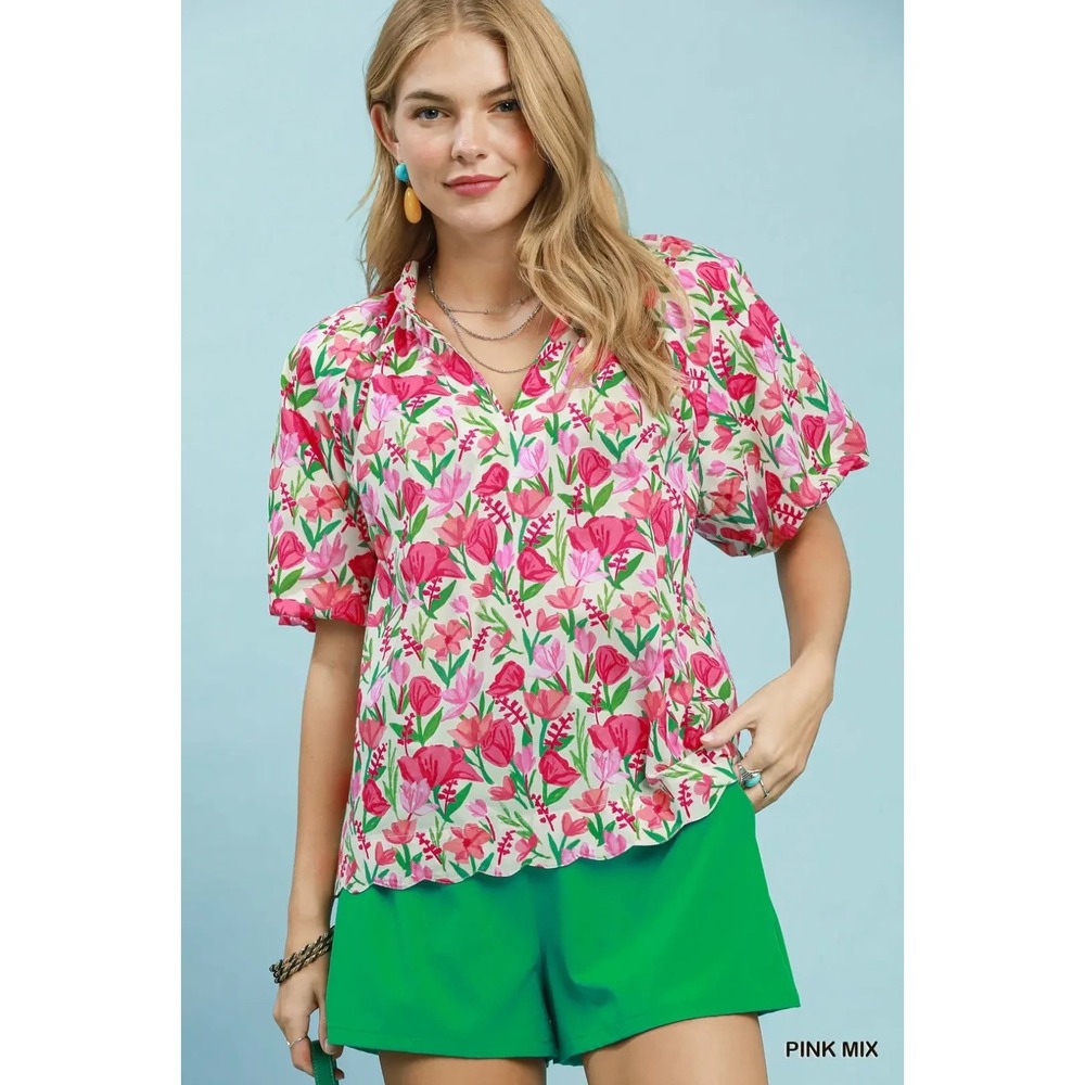 Umgee Floral Puff Sleeve Blouse with Scalloped Details - Large
